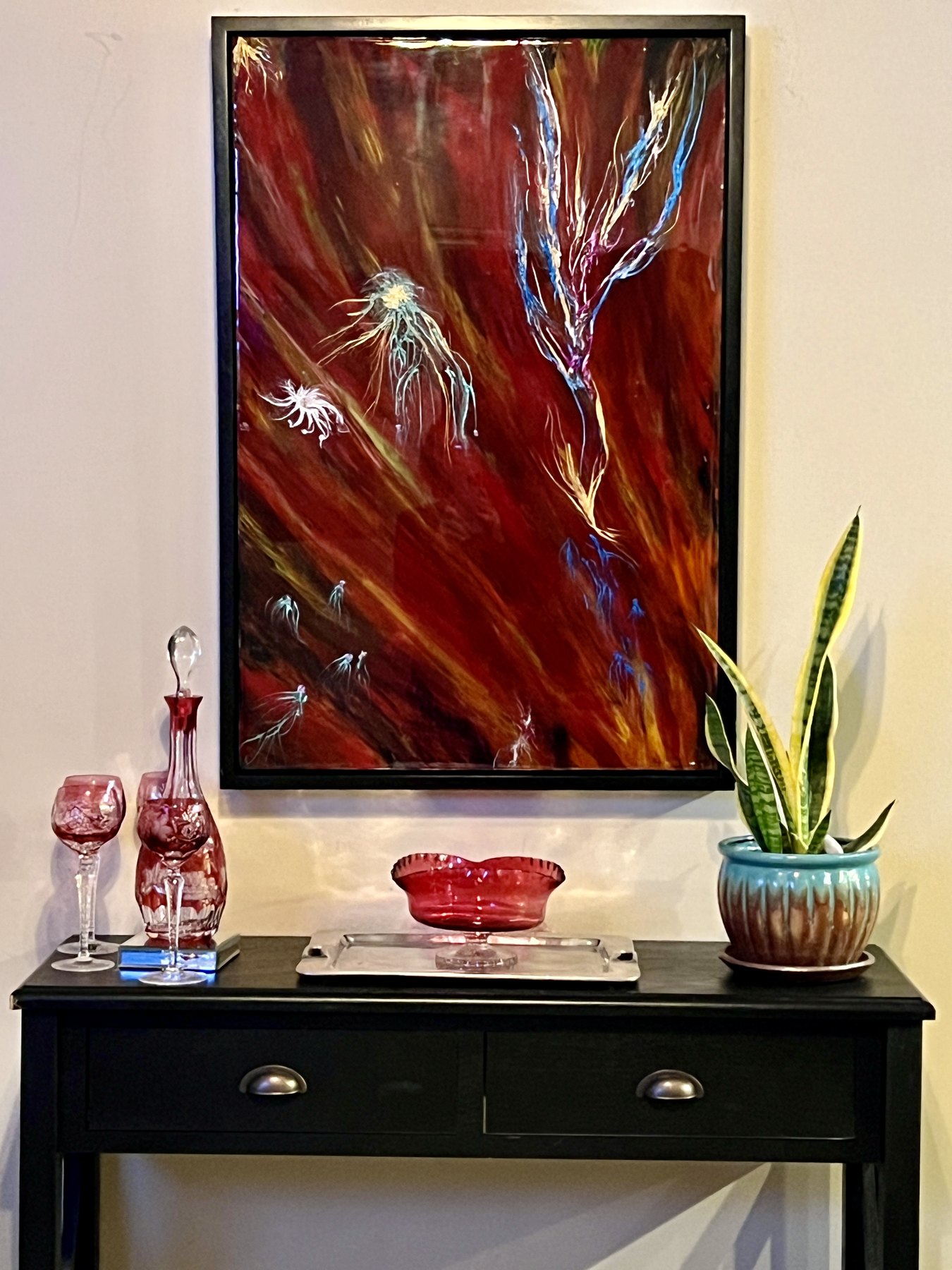 Abstract painting displayed in an interior